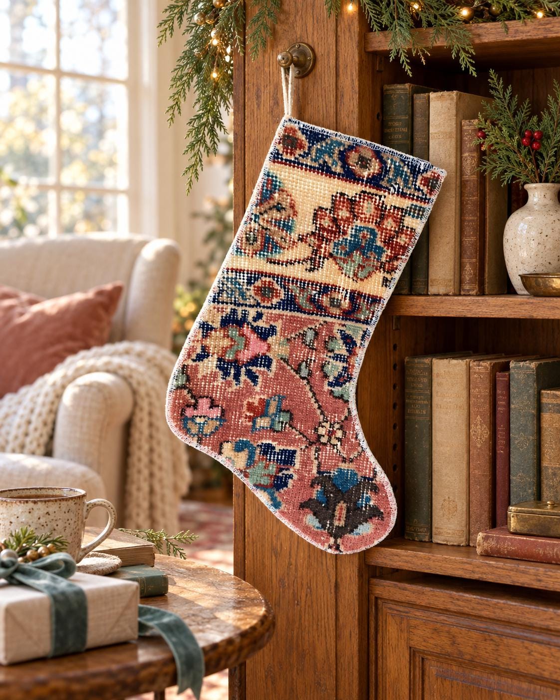 Vintage Turkish Rug Christmas Stocking, Colorful Floral Bands, Terracotta Navy Teal Cream, 14.6x12.6 in