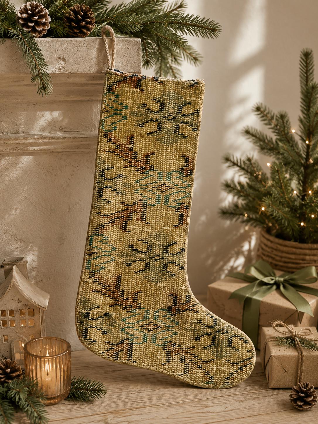 Turkish Rug Christmas Stocking, Vintage Wool Kilim, Olive Beige Neutral Boho Fireplace Decor