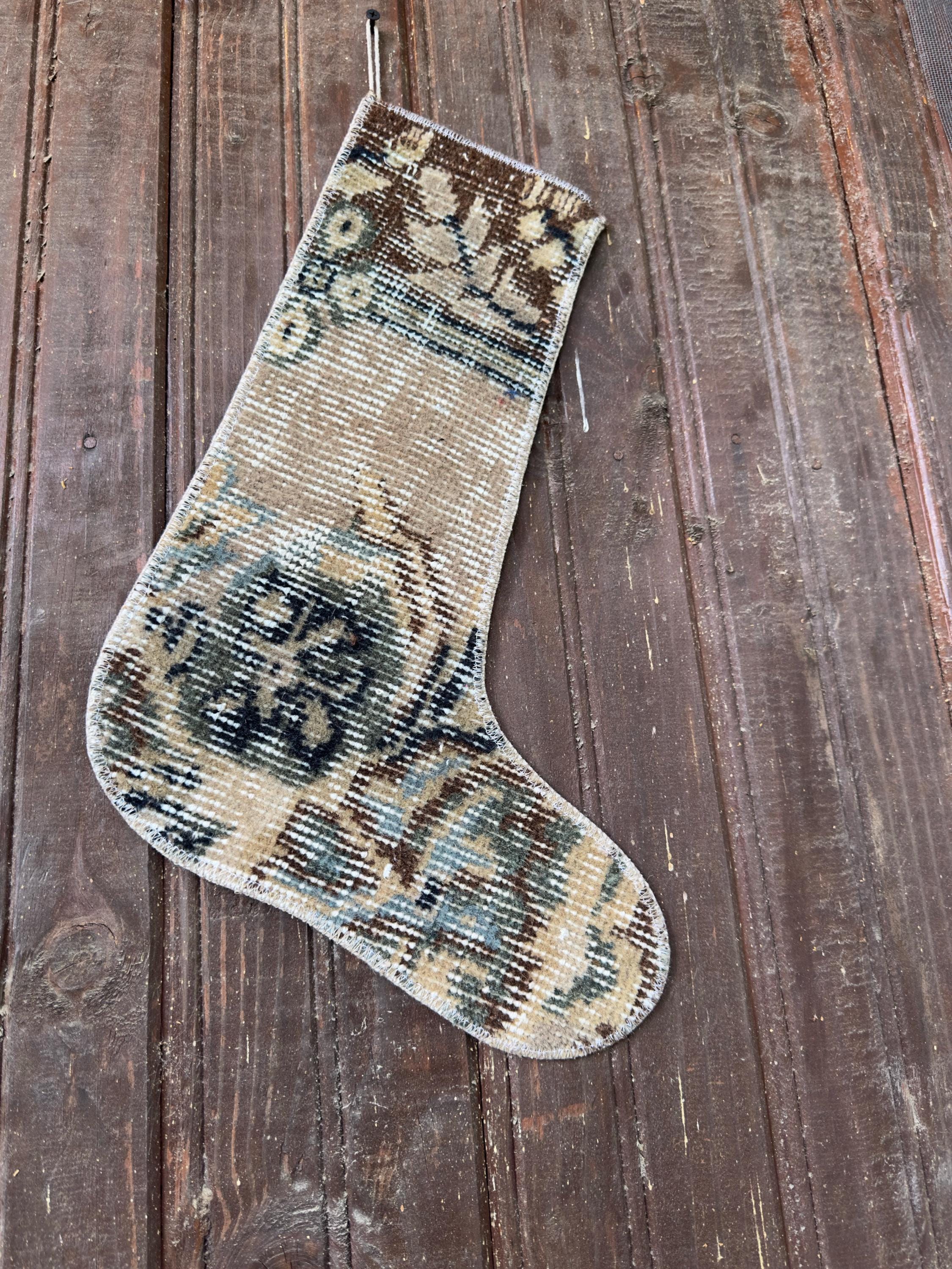 Christmas Stocking, Vintage Turkish Rug, Faded Beige Brown Navy Blue, 17 in in beige, brown, blue, navy, left-side pattern detail