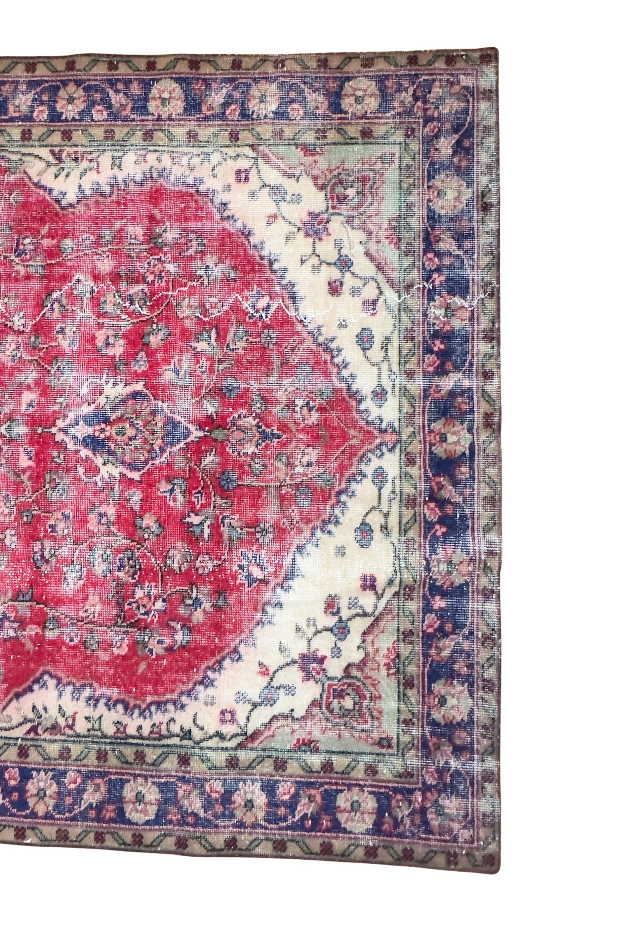 Vintage Turkish Area Rug, Hand-Knotted Wool Medallion, Faded Crimson Red Navy, 6x9 ft – view 12