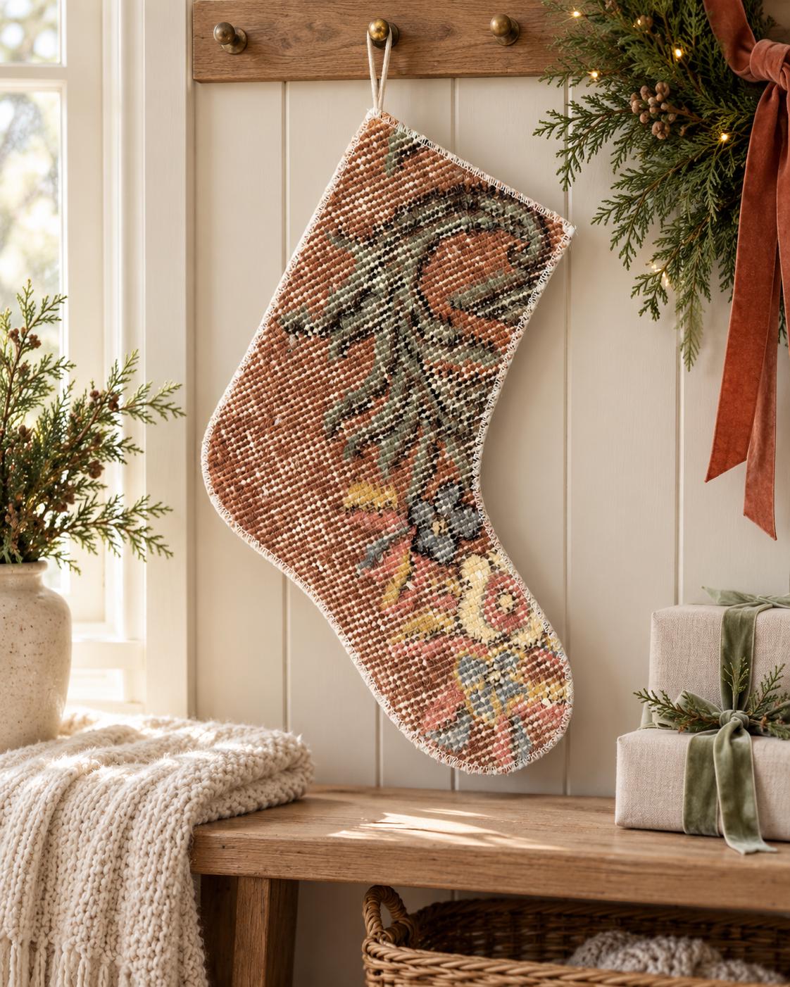 Christmas Stocking, Vintage Turkish Rug, Floral Terracotta Olive Cream, 11 in in cream, terracotta, right-side pattern detail