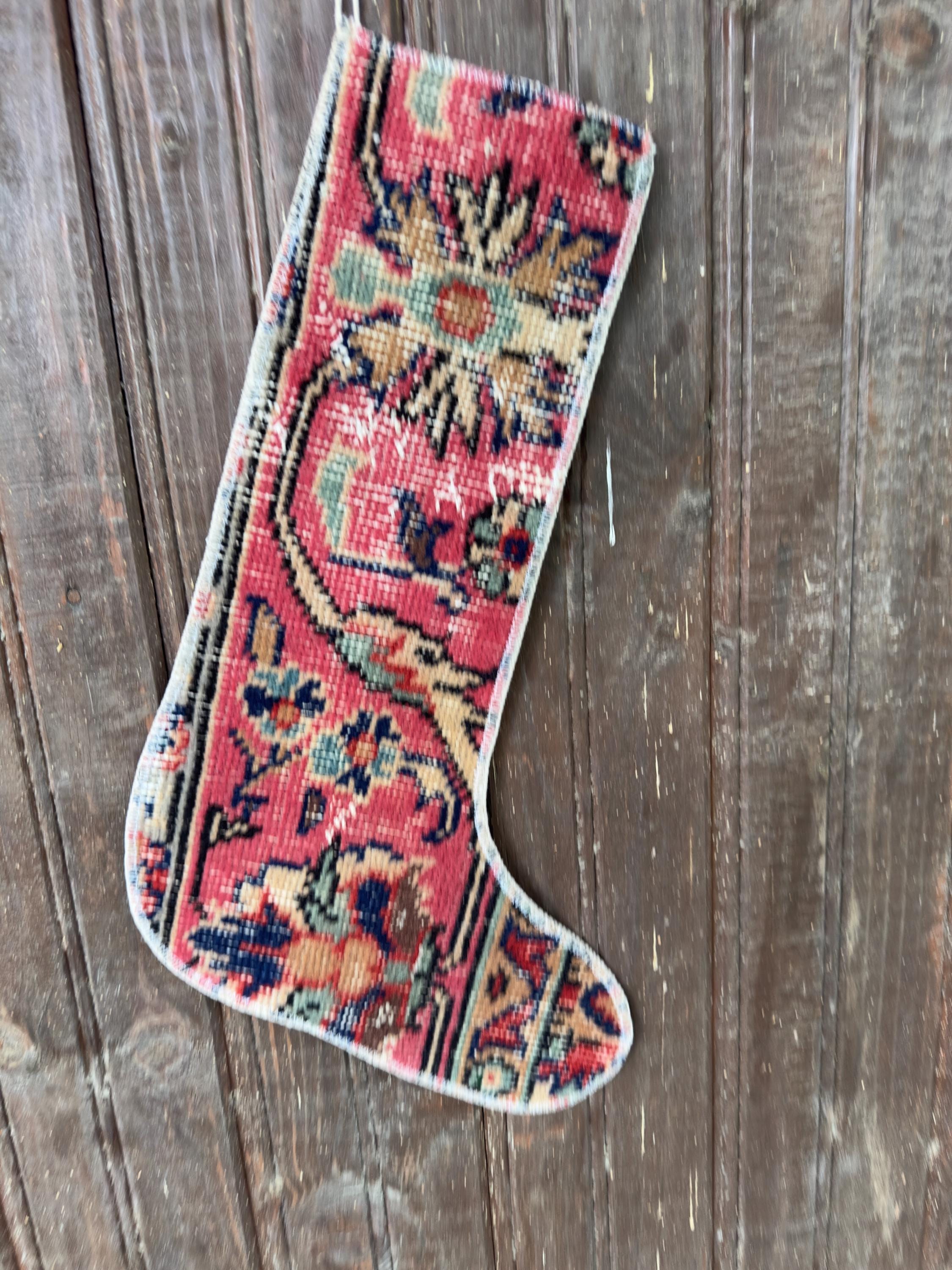 Vintage Turkish Rug Christmas Stocking, Rose Red Floral, Navy Cream Sage Gold, 12.2x18.5 in – view 6