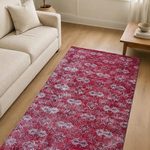 Alfombra Turca Vintage, 3.4x5.8 ft, Rojo Carmesí Rosa Envejecido Marfil, Enrejado de Rosas