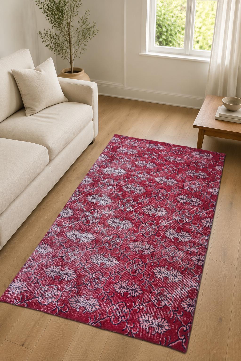 Vintage Turkish Area Rug, 3.4x5.8 ft, Crimson Red Dusty Rose Ivory, Rose Trellis