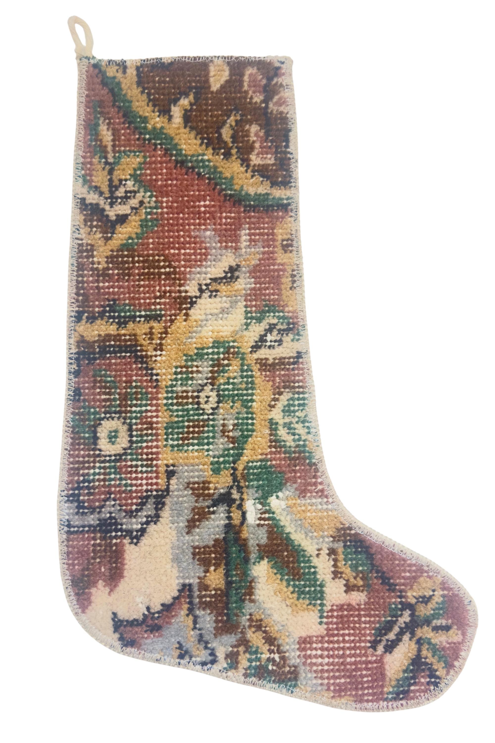 Turkish Rug Christmas Stocking, Handmade Vintage Anatolian Wool, Madder Red Floral, Boho Fireplace Decor – view 3