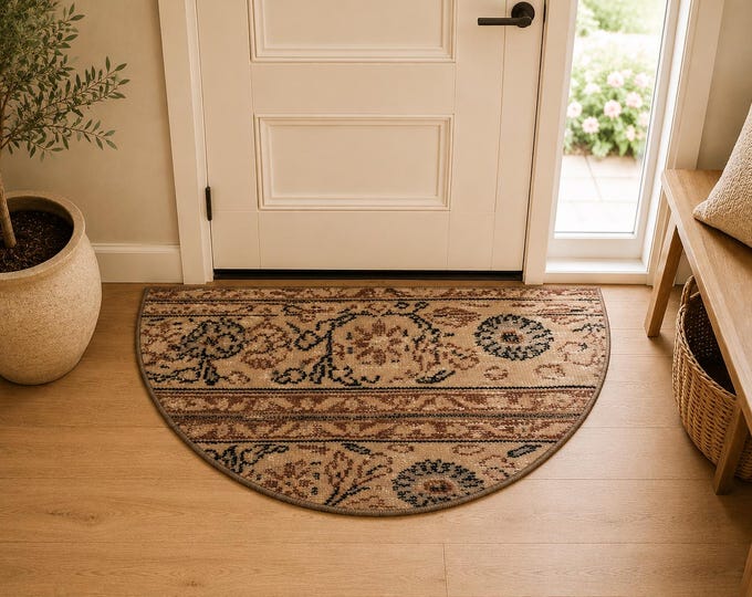 Vintage Patchwork Half Moon Rug 18x29 Hand Knotted Wool