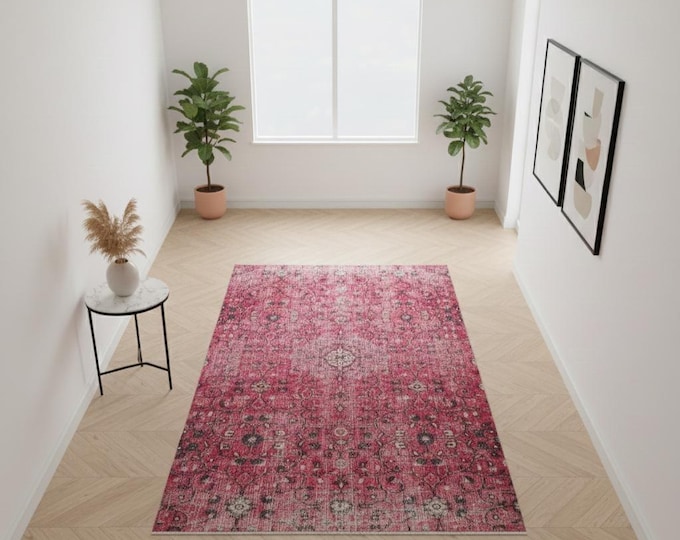 Vintage Turkish Isparta Rug, Hand Knotted Wool, Distressed Raspberry Red Allover Floral, Boho