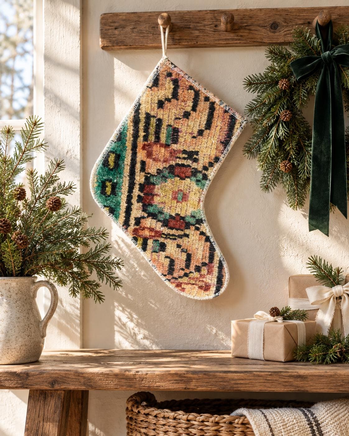 Vintage Turkish Rug Christmas Stocking, Apricot Rust Emerald Geometric, Peach Gold Black, 9.4x11.4 in