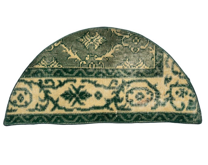 Vintage Turkish Isparta Semicircle Rug, Hand Knotted Wool, Heavily Distressed Teal Green, Half Moon