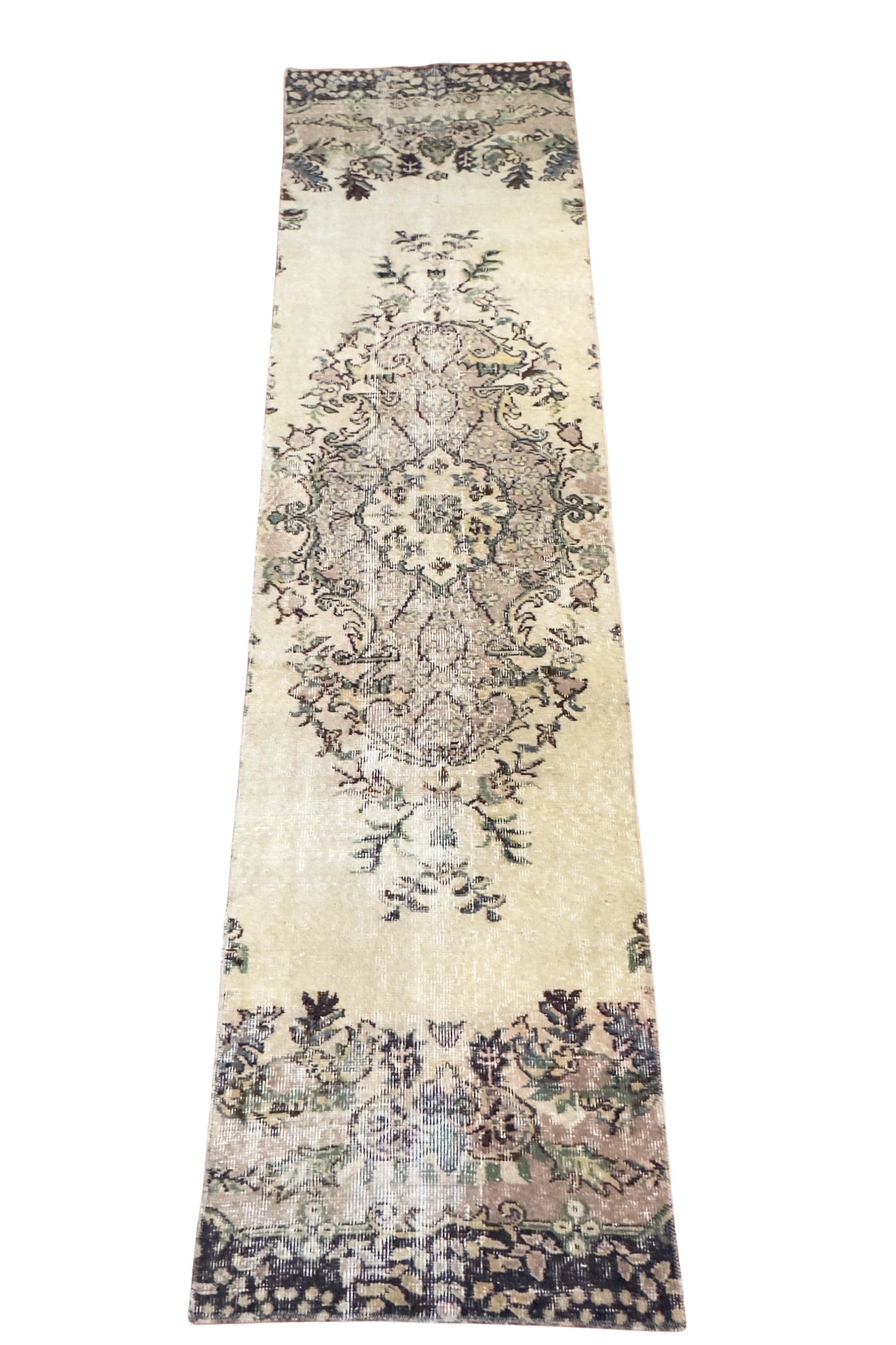 Vintage Turkish Isparta Runner Rug, Hand-Knotted Wool Medallion, Faded Ivory Navy, 75x285 cm – view 10