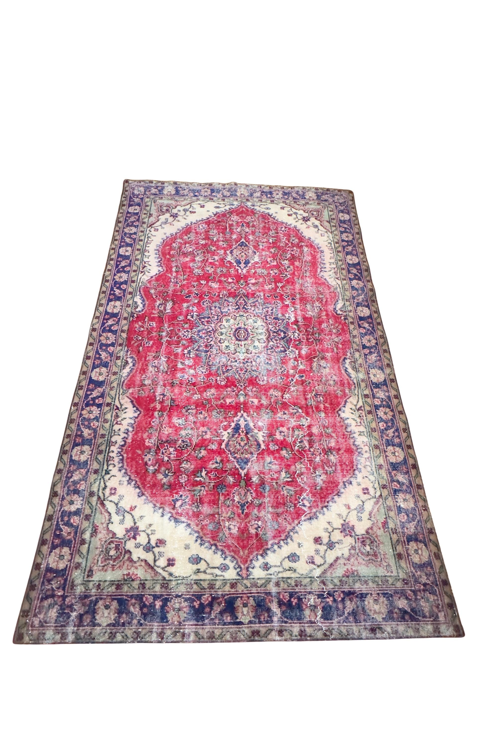 Vintage Turkish Area Rug, Hand-Knotted Wool Medallion, Faded Crimson Red Navy, 6x9 ft – view 5