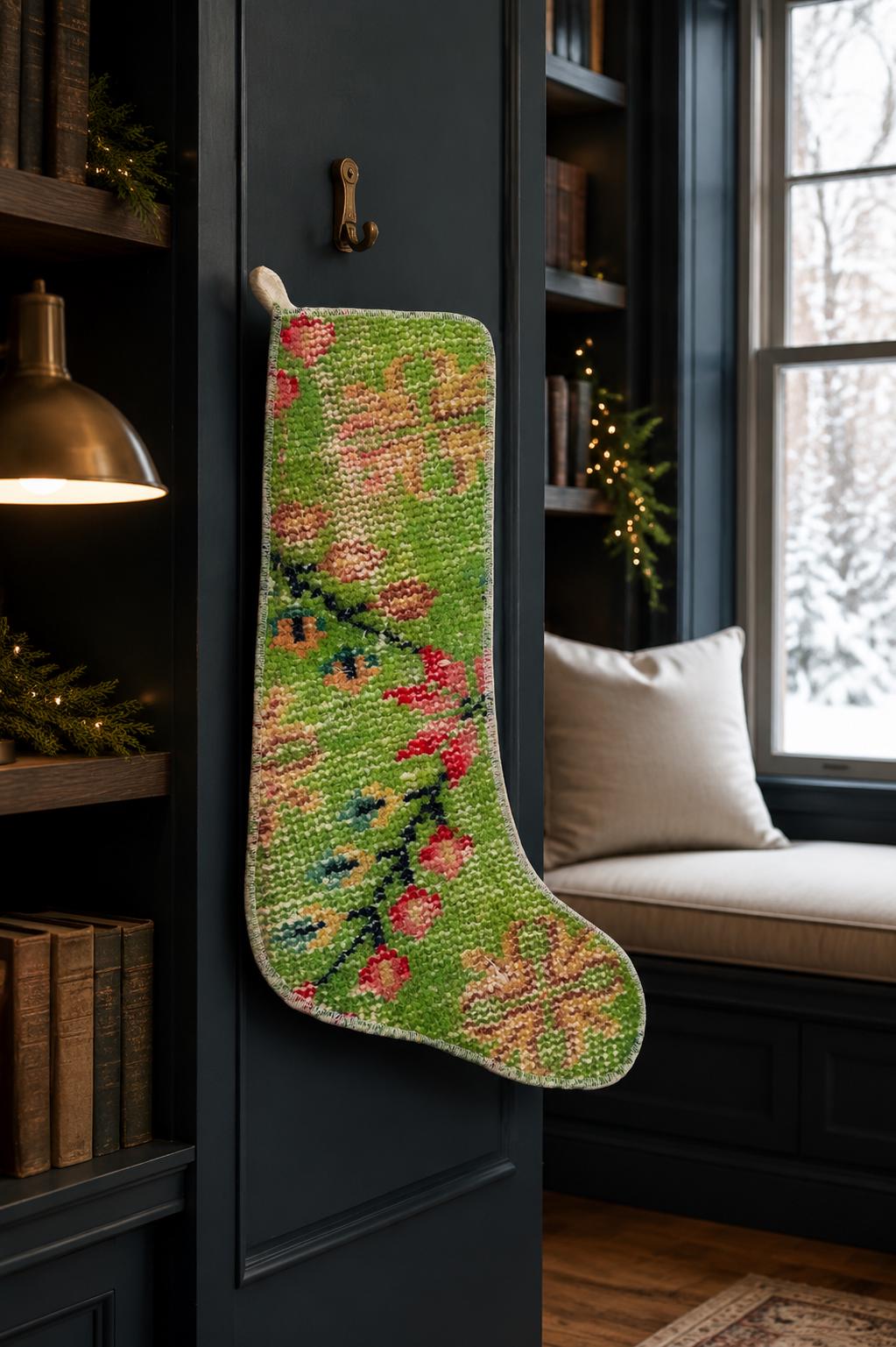 Turkish Rug Christmas Stocking, Handmade Vintage Anatolian Wool, Boho Fireplace Decor, Green, Rustic Gift