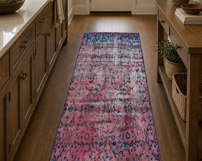 Turkish Runner Rug, Vintage Isparta Handwoven Wool Floral, Distressed Pink Blue, 2.5x5.8 ft