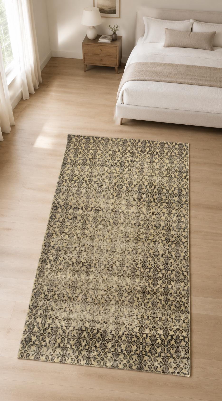 Vintage Turkish Area Rug, 3.4x6.3 ft, Beige Taupe, Allover Diamond Floral Lattice