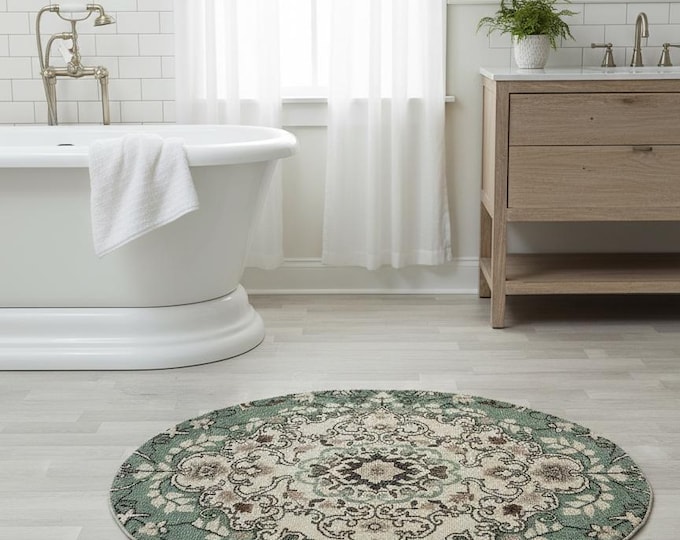 Vintage Turkish Wool Circle Rug: Green & Beige Entryway Rug (4 ft)