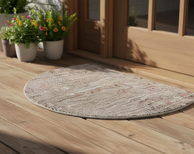 49x81 cm Handwoven Wool Semicircle Rug | Beige Blush Vintage Turkish Mat | Boho Minimalist Entryway Decor