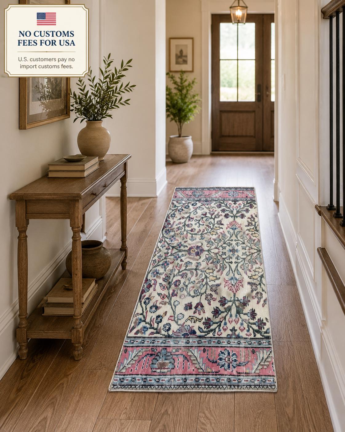 Vintage Turkish Isparta Runner Rug, Hand-Knotted Wool Floral, Faded Ivory Pink, 70x173 cm