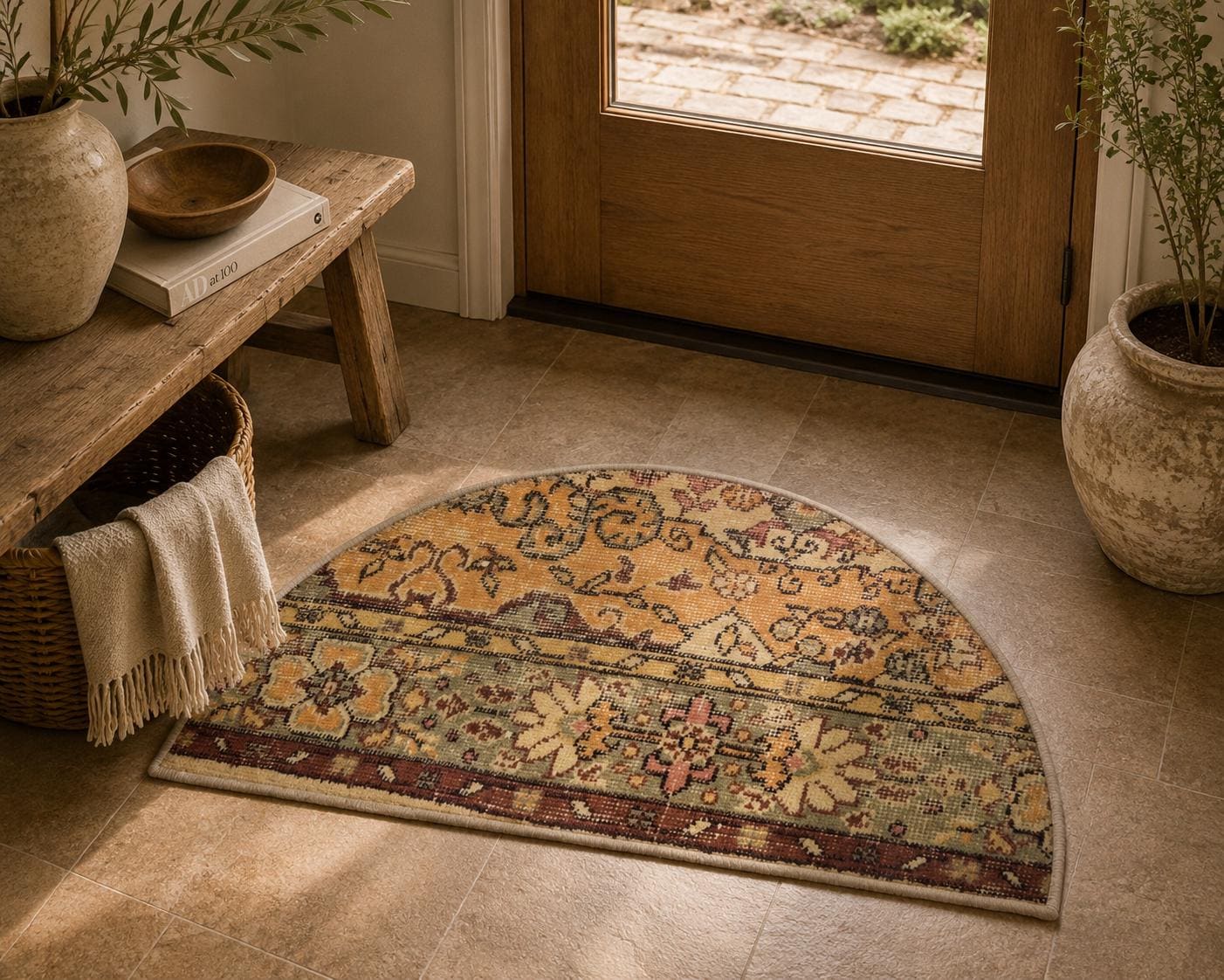Vintage Turkish Semicircle Rug, Handwoven Wool Floral, Amber Gold Sage Green, 1.4x2.5 ft