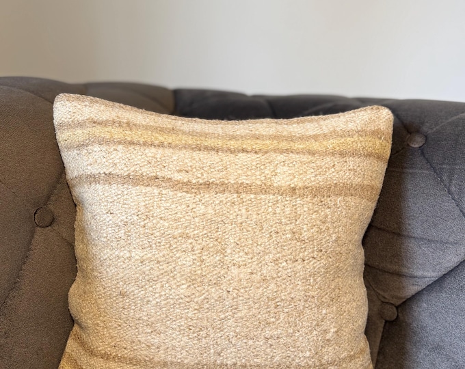 Antique Jute Sack Pillow Cover 16x16 Natural Cream Beige Farmhouse Cushion Upcycled Burlap Textile Hidden Zipper 40x40