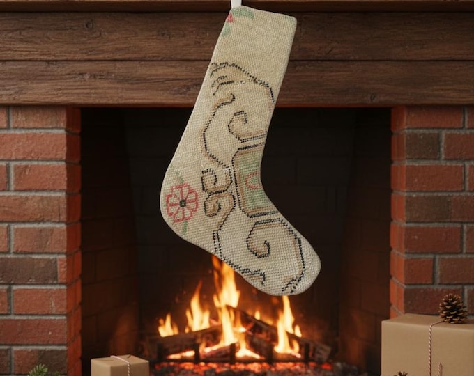 Vintage Rug Christmas Stocking – Upcycled Carpet – Beige Green Holiday Decor