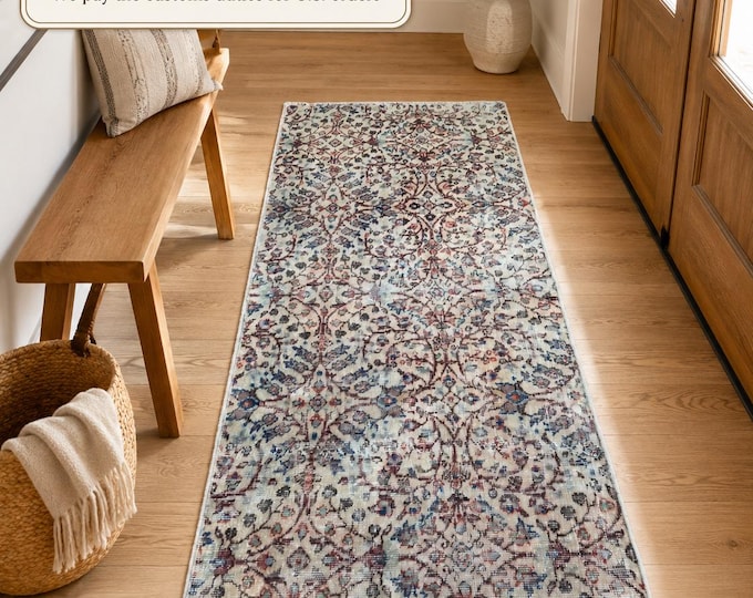 Turkish Runner Rug, Vintage Isparta Handwoven Wool Floral, Distressed Ivory Burgundy Blue, 2.5x6.4 ft