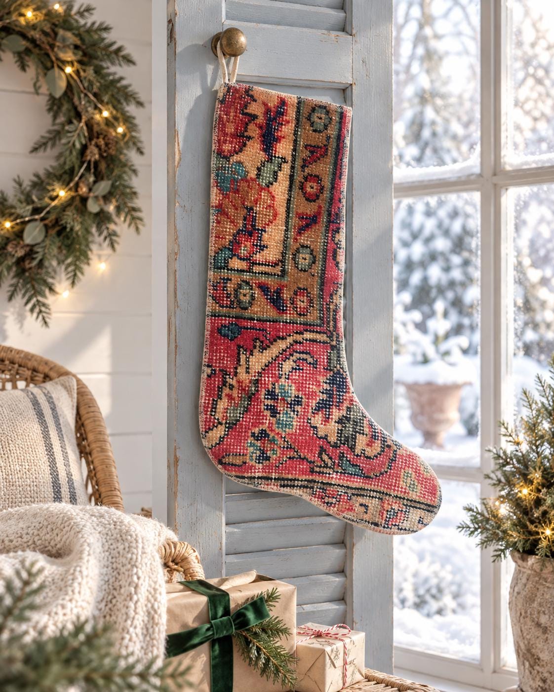 Christmas Stocking, Vintage Turkish Rug, Traditional Floral Medallion Burgundy Terracotta, 18 in – view 2