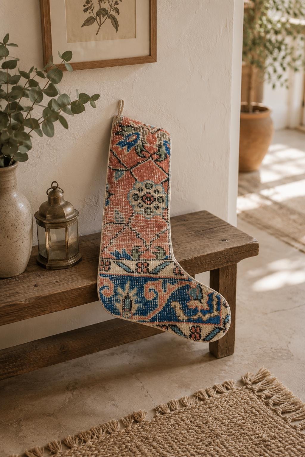 Turkish Rug Christmas Stocking, Handmade Vintage Anatolian Wool, Terracotta, Boho Fireplace Decor, Christmas Gift