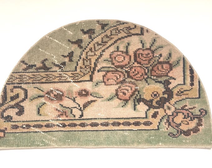20x33.5 Inch Vintage Semicircle Rug Turkish Wool Floral Entryway Mat