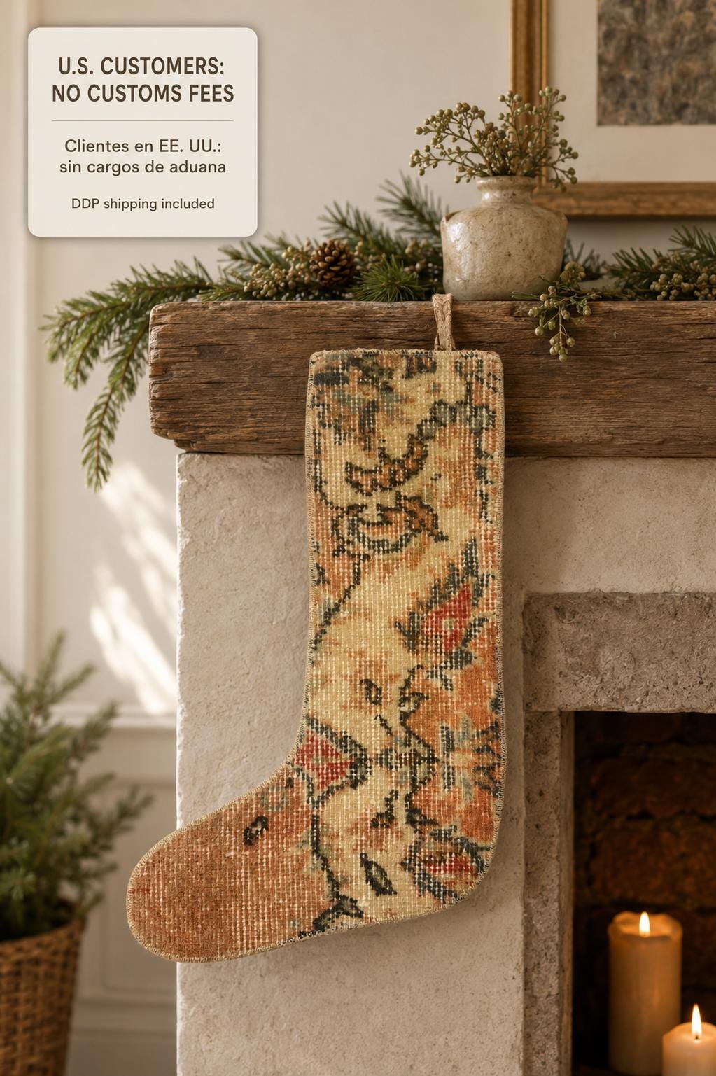 Handmade Turkish Rug Christmas Stocking, Vintage Anatolian Wool, Dusty Rose Boho Decor