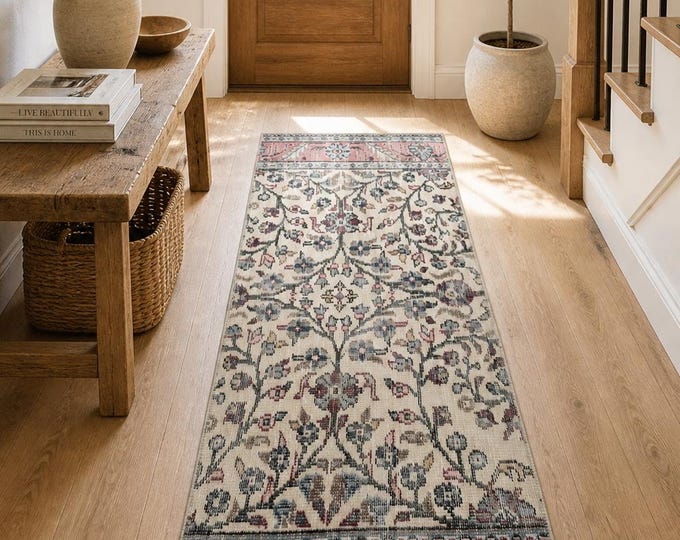 Vintage Turkish Isparta Runner Rug, Handwoven Wool Floral, Distressed Ivory Pink Blue, 2.3x5.7 ft