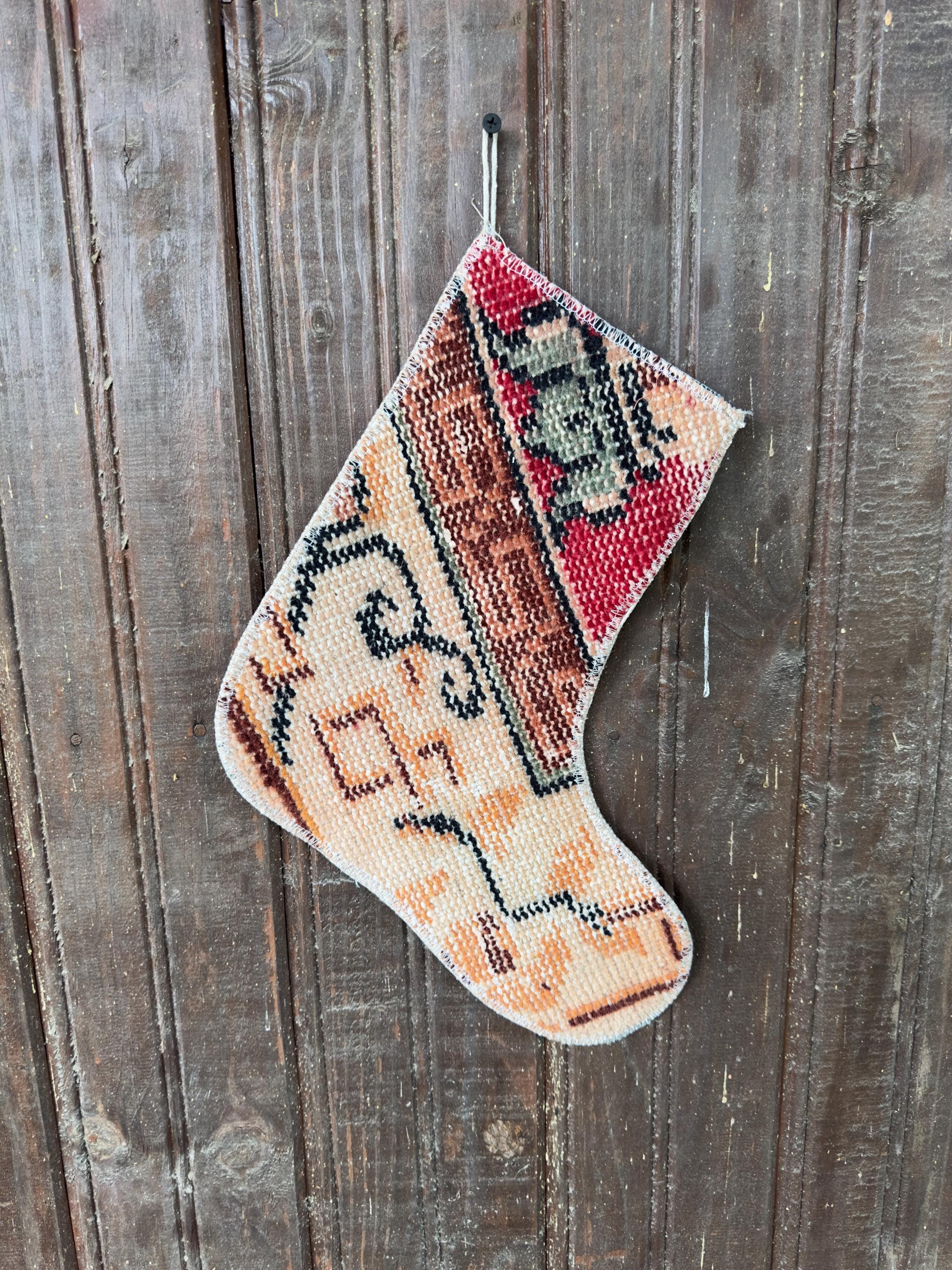 Vintage Turkish Rug Christmas Stocking, Earthy Red Rust Brown, Cream Peach Orange, 11.8x12.2 in – view 3