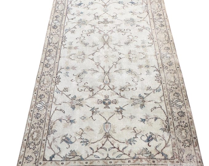 Vintage Turkish Isparta Rug, Hand Knotted Wool, Washed Ivory Cream Allover Floral, Neutral Boho