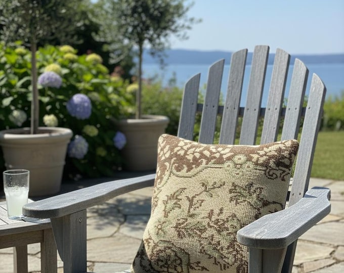 40x40 cm Beige Green Brown Turkish Pillow Cover | Handwoven Rug Fabric Cushion | Hidden Zipper