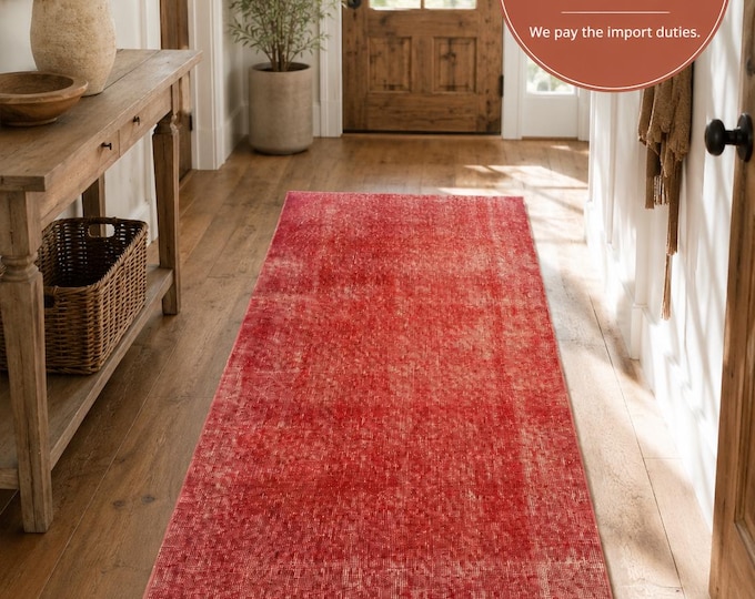 Small Area Rug, Vintage Isparta Handwoven Wool, Distressed Abstract Solid Red, 2.6x5.5 ft
