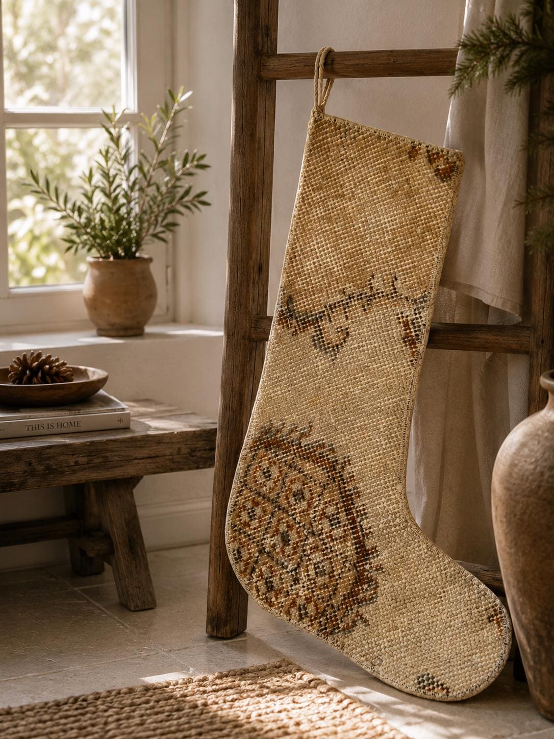 Turkish Rug Christmas Stocking, Handmade Vintage Anatolian Wool, Faded Ivory, Boho Rustic Fireplace Decor
