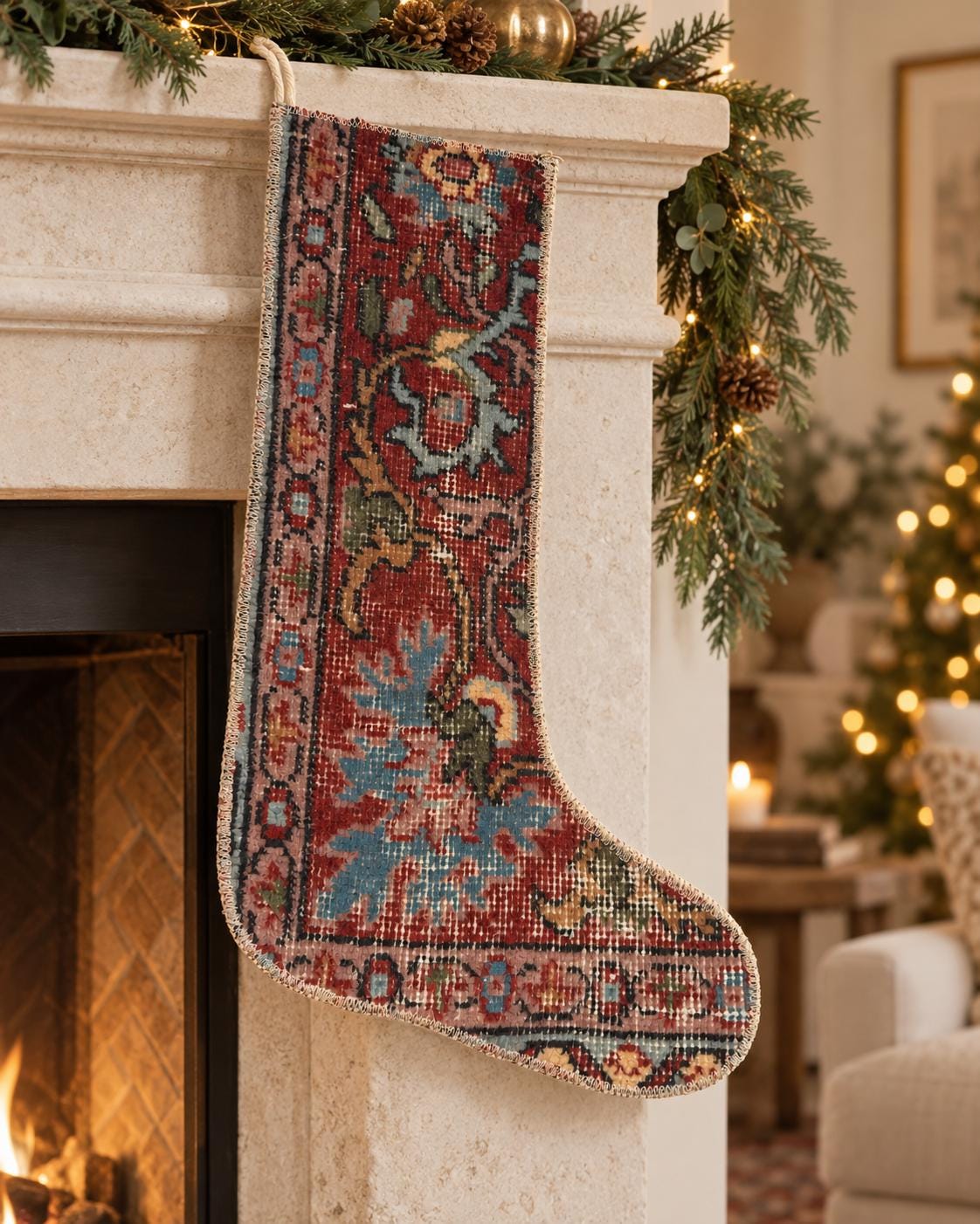 Vintage Hand Knotted Turkish Wool Rug Christmas Stocking, Burgundy Floral, 18.5 x 12.6 in