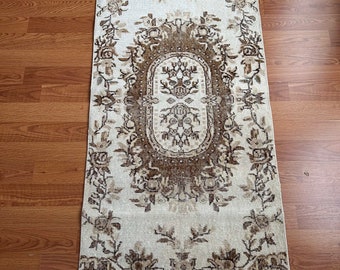 Tapis vintage floral, petit tapis fait main, tapis en laine, tapis turc, tapis vintage 3 x 7, tapis ancien, tapis décoratif, tapis déco, tapis décoratif, tapis de passage marron