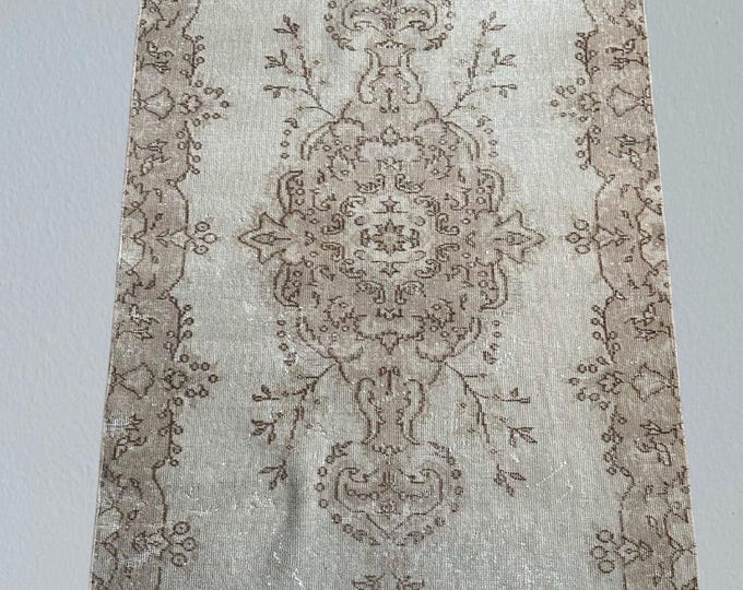 Vintage Turkish Wool Rug: Beige Faded Area Rug, 3x7 ft