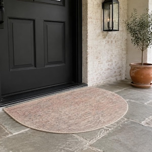 Vintage Turkish Semicircle Rug, Handwoven Wool Diamond Lattice Pattern, Terracotta Rose Beige, 1.6x2.7 ft