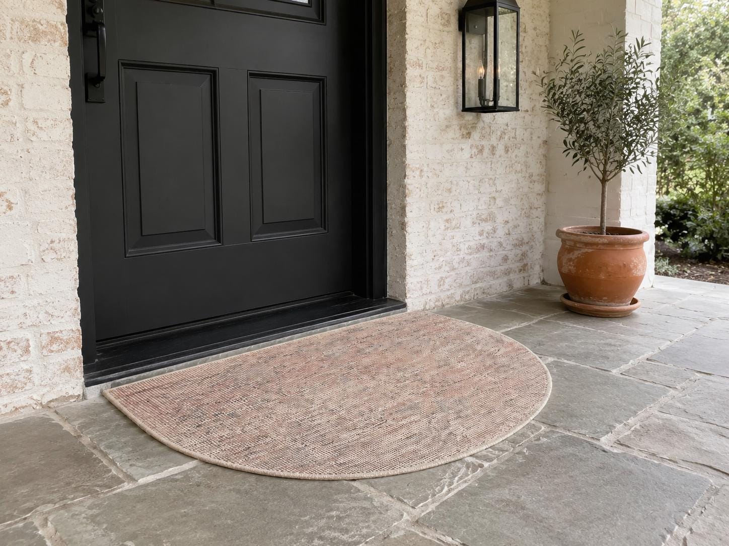 Vintage Turkish Semicircle Rug, Handwoven Wool Diamond Lattice Pattern, Terracotta Rose Beige, 1.6x2.7 ft