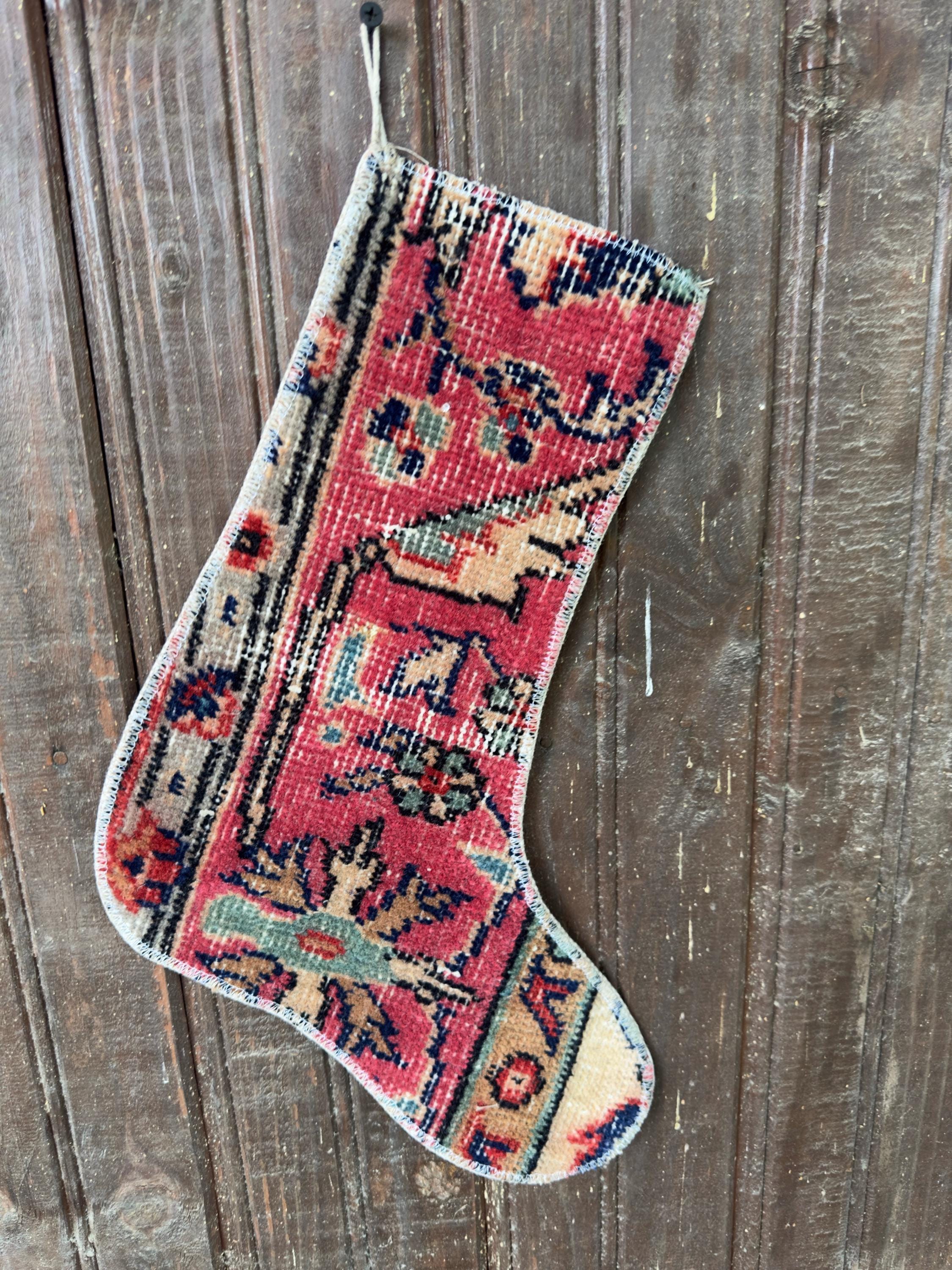 Christmas Stocking, Vintage Turkish Rug, Floral Raspberry Pink Ivory Teal, 15 in in ivory, pink, teal, left-side pattern detail