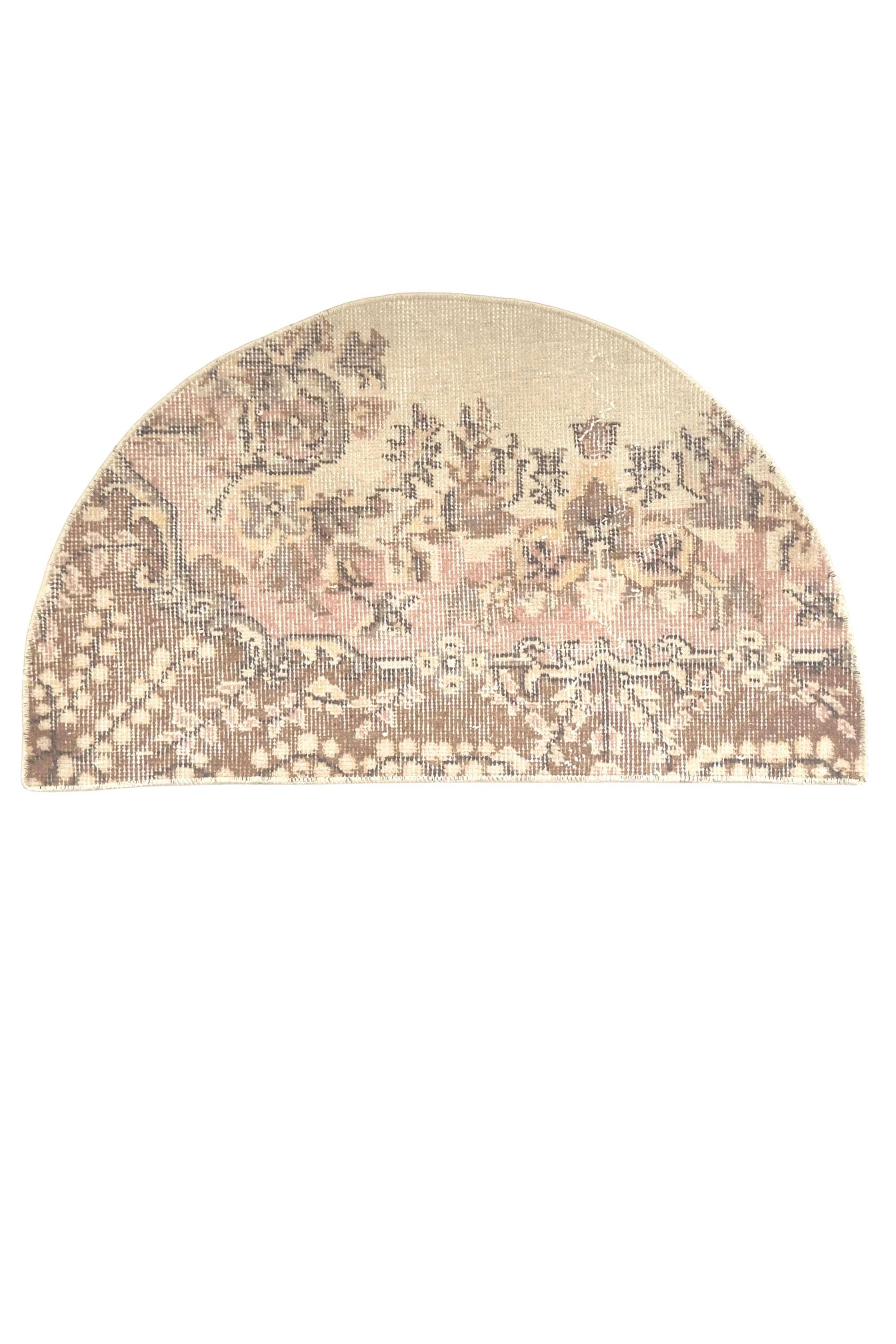 Vintage Turkish Semicircle Rug, Handwoven Wool, Ivory Taupe Dusty Rose Distressed, 1.6x2.77 ft – view 3