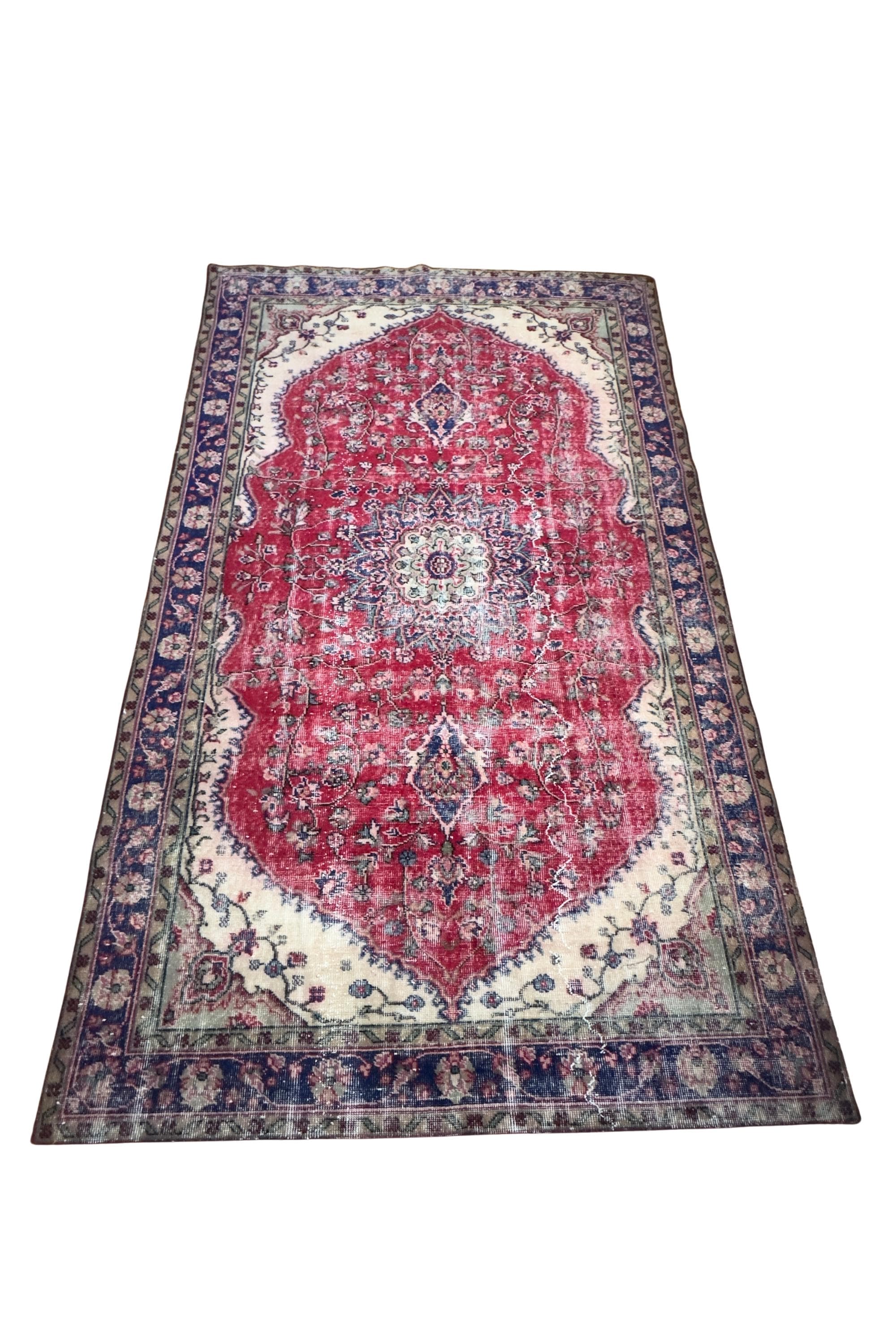 Vintage Turkish Area Rug, Hand-Knotted Wool Medallion, Faded Crimson Red Navy, 6x9 ft – view 6