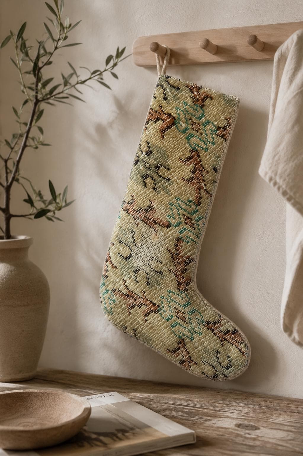 Turkish Rug Christmas Stocking, Handmade Vintage Anatolian Wool, Faded Beige Geometric, Boho Fireplace Decor – view 2