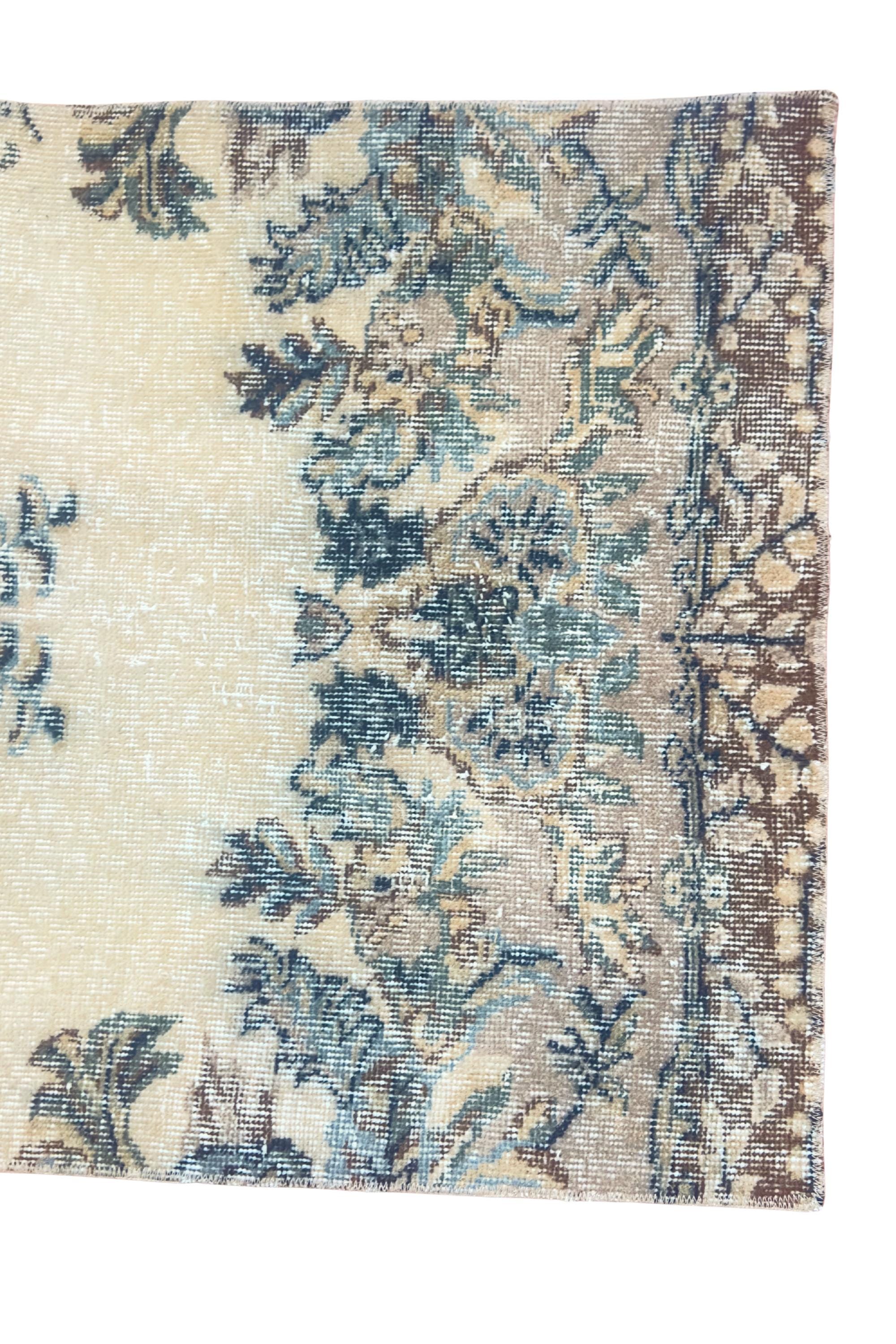 Vintage Turkish Runner Rug, Hand-Knotted Wool Floral Medallion, Faded Slate Blue Ivory, 2.8x9 ft – view 9