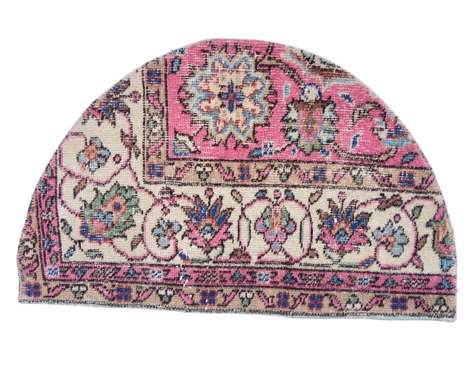 Vintage Turkish Isparta Semicircle Rug, Hand Knotted Wool Floral, Vibrant Pink Ivory, Half Moon
