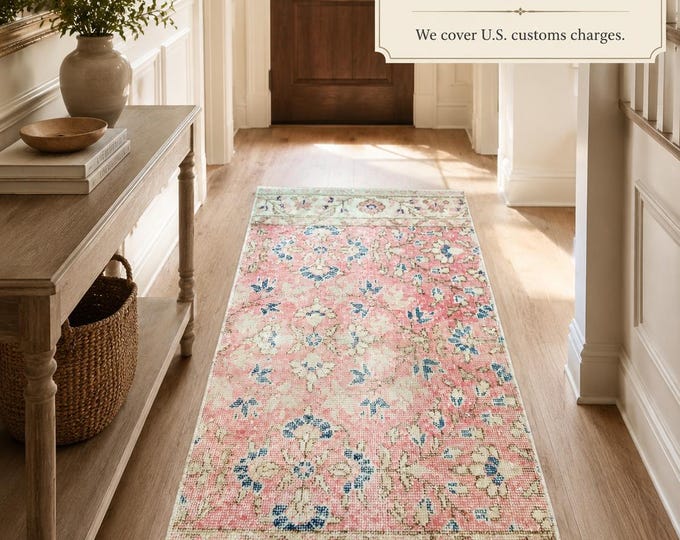 Turkish Runner Rug, Vintage Isparta Handwoven Wool Medallion, Distressed Blush Pink Navy, 2x3.8 ft