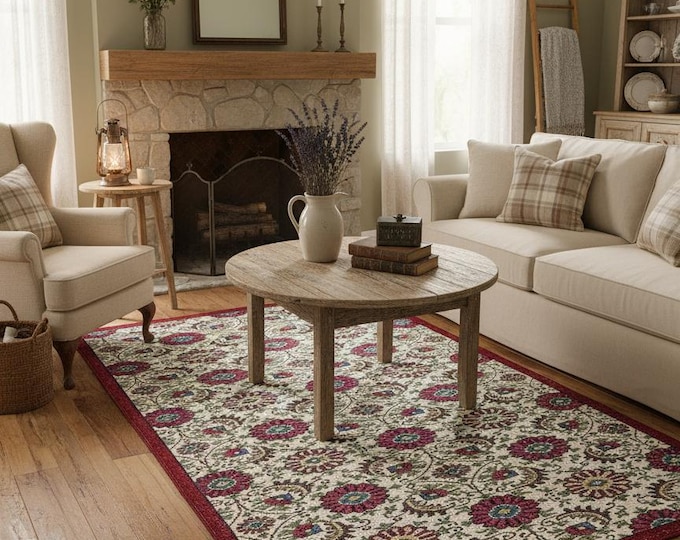 Vintage Turkish Rug 179x268 – Cream Red Floral Wool Carpet