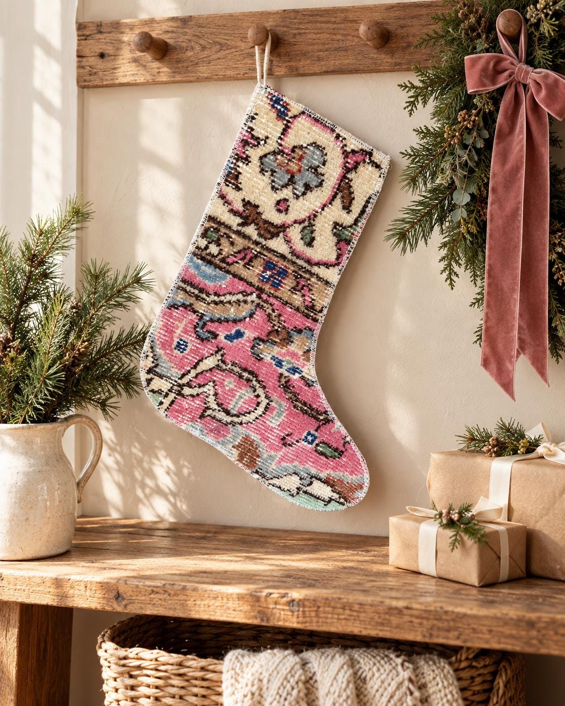 Vintage Turkish Rug Christmas Stocking, Rose Pink Floral Medallion, Cream Taupe Blue, 12.2x14.6 in – view 2