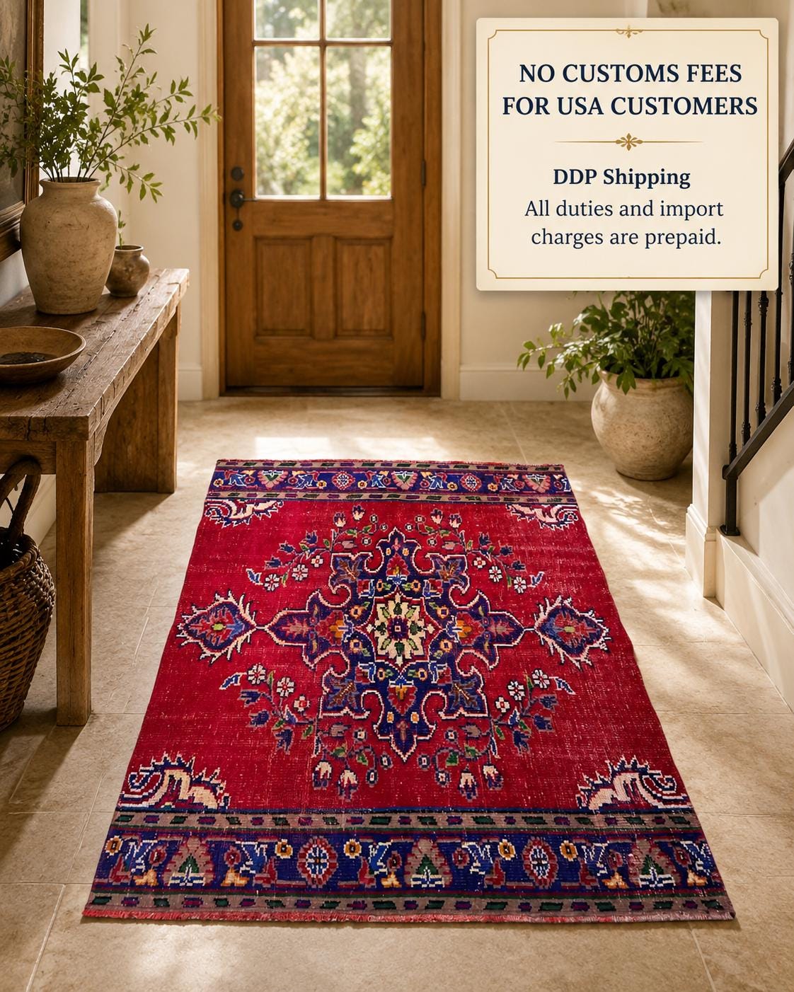 Vintage Turkish Isparta Rug 1981, Hand-Knotted Wool Medallion, Red Navy Floral, 4.1x5.7 ft